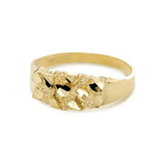 Detailed side profile of a textured gold nugget band ring against white backdrop.