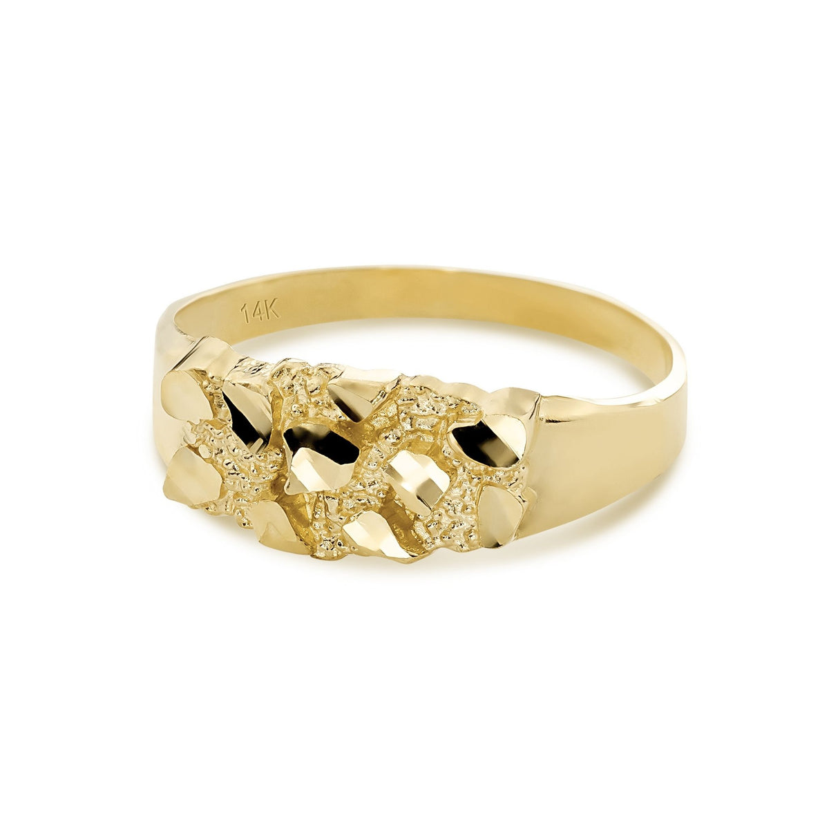 Detailed side profile of a textured gold nugget band ring against white backdrop.