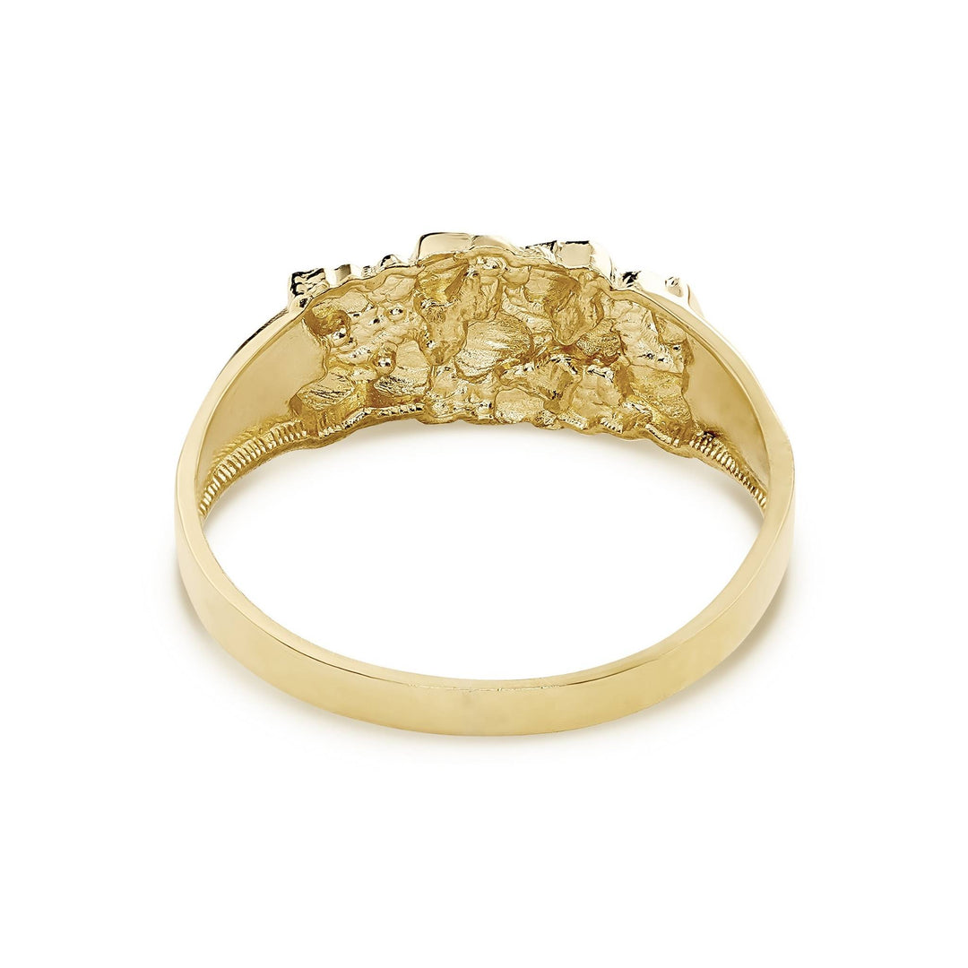 Upright view of a gold Lene slim nugget band ring on a white background.