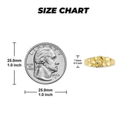 Size comparison chart of a slim gold nugget ring next to a quarter.