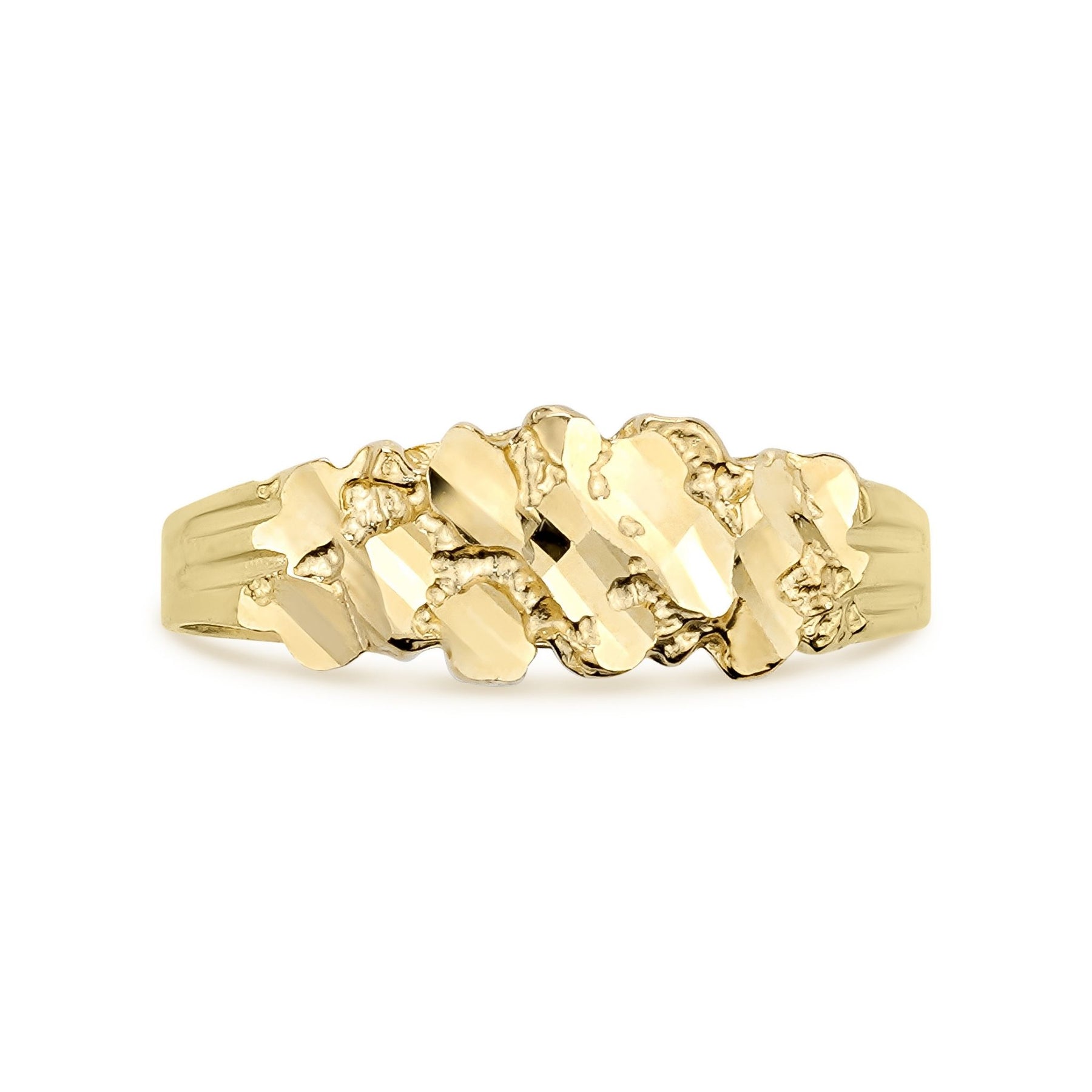 Detailed front view of a polished gold Lina slim nugget ring on white background.