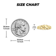 Jewelry size chart comparing a gold Lina nugget ring's dimensions to a US quarter.