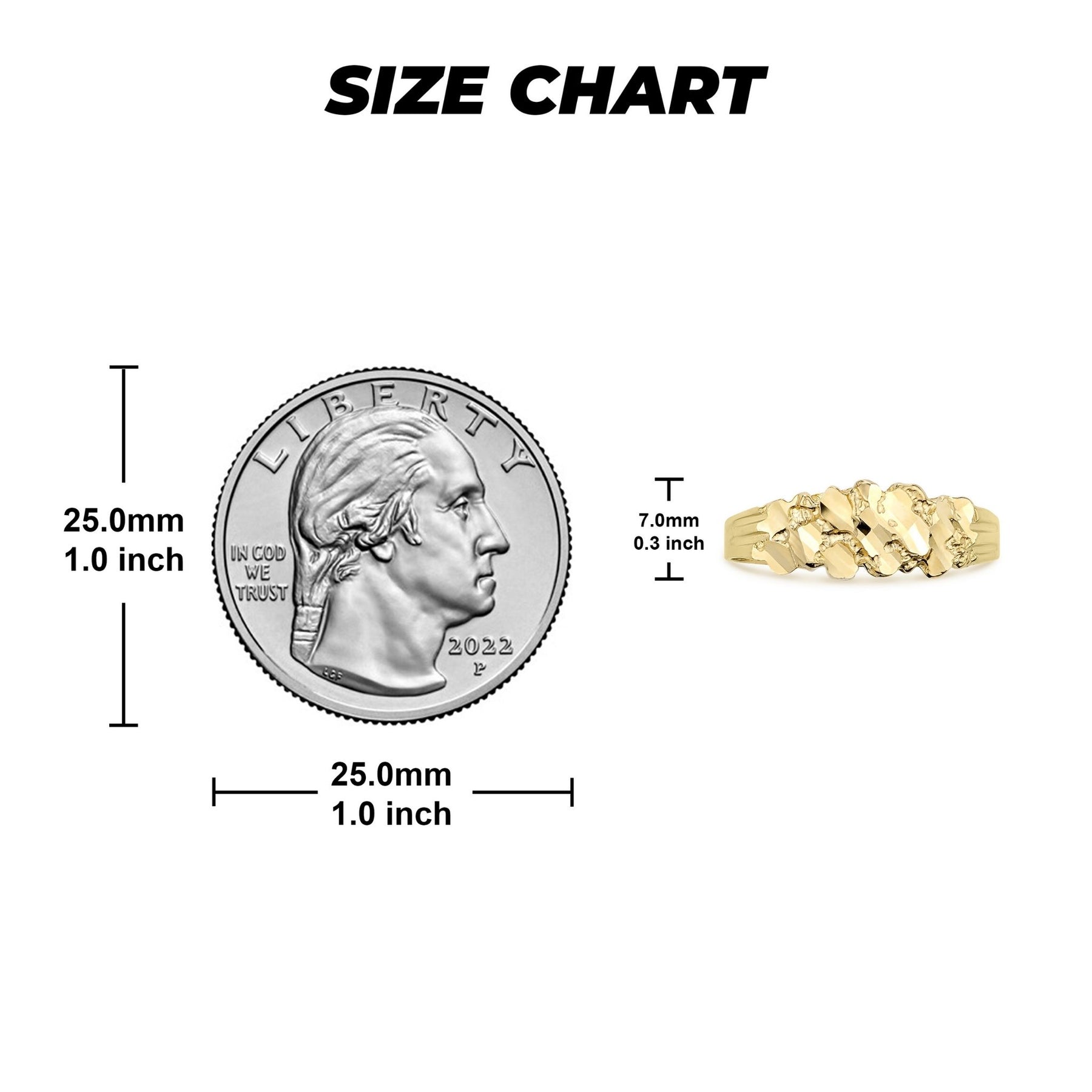 Jewelry size chart comparing a gold Lina nugget ring's dimensions to a US quarter.