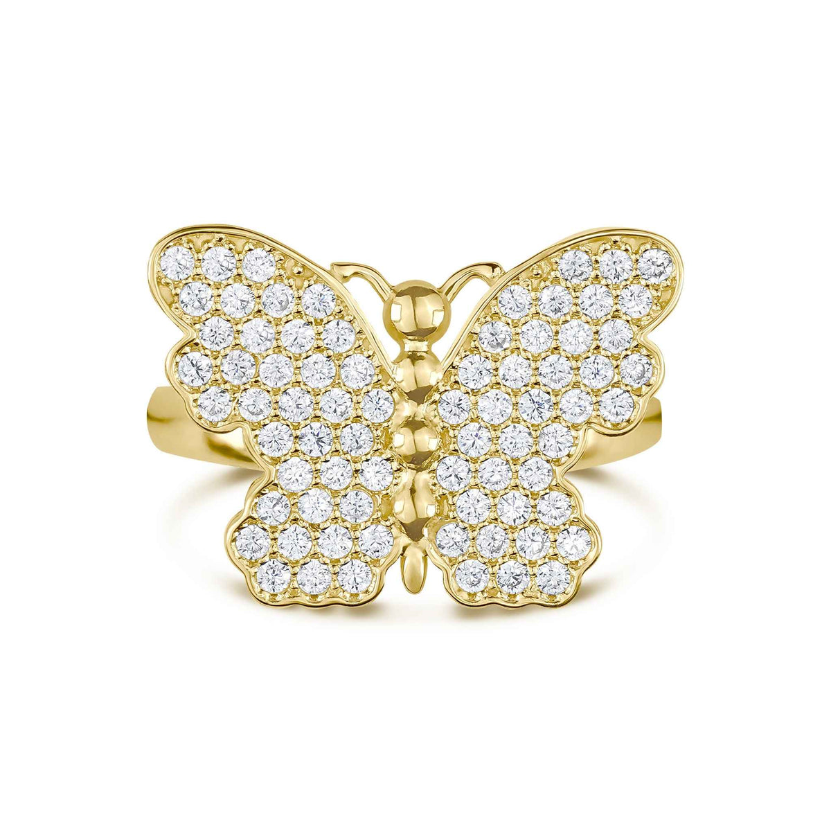 Front view of a gold butterfly ring iced out with sparkling cubic zirconia stones.