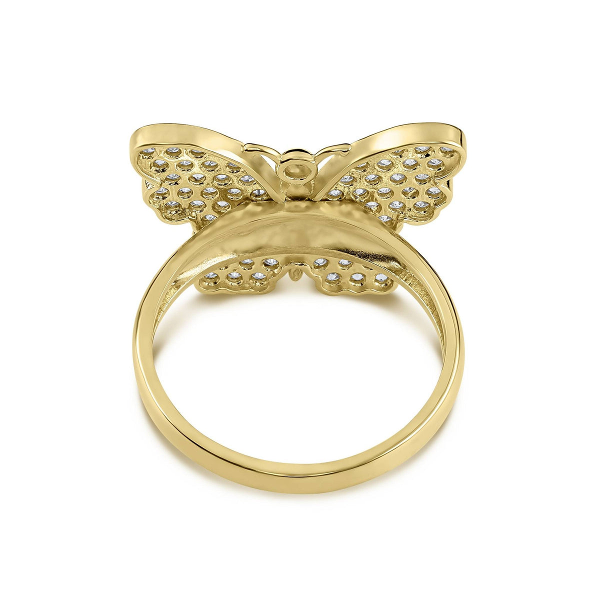 Backside view of a gold cubic zirconia butterfly ring against a clean background.