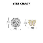 Size chart showing millimeter and inch measurements of a gold butterfly ring.