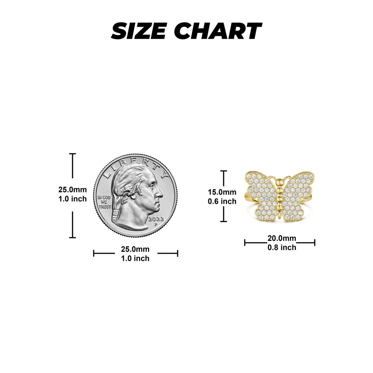 Size chart showing millimeter and inch measurements of a gold butterfly ring.