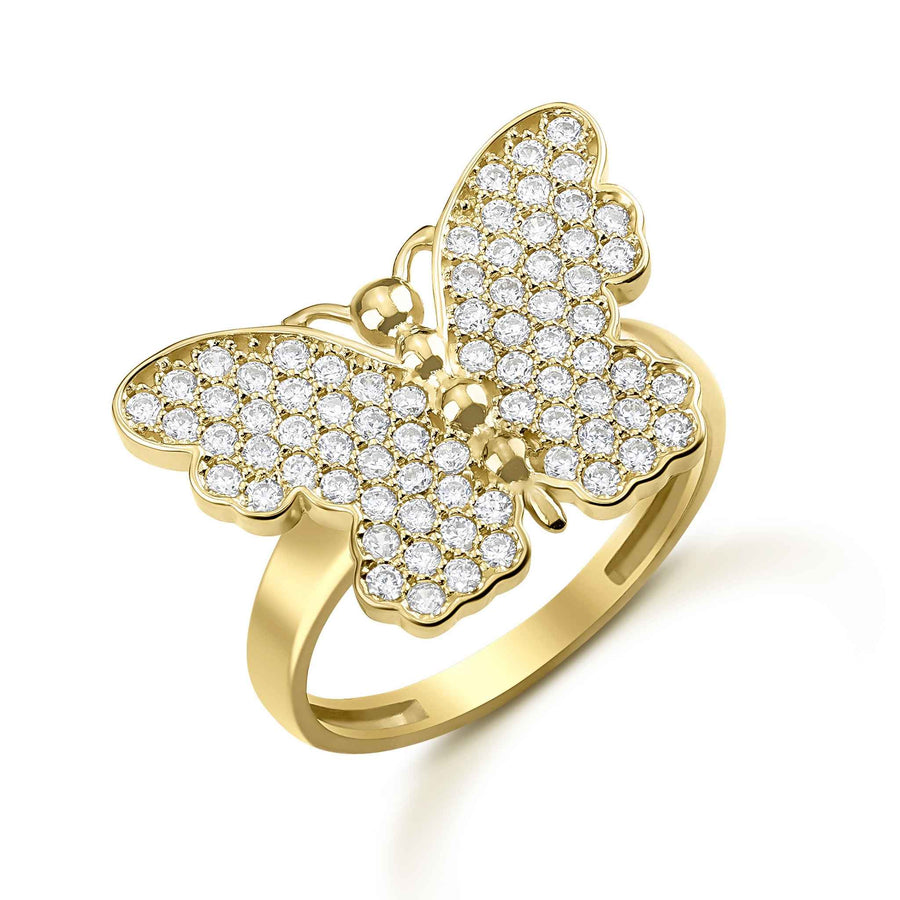 10k or 14k gold statement ring featuring a large, sparkling butterfly design.