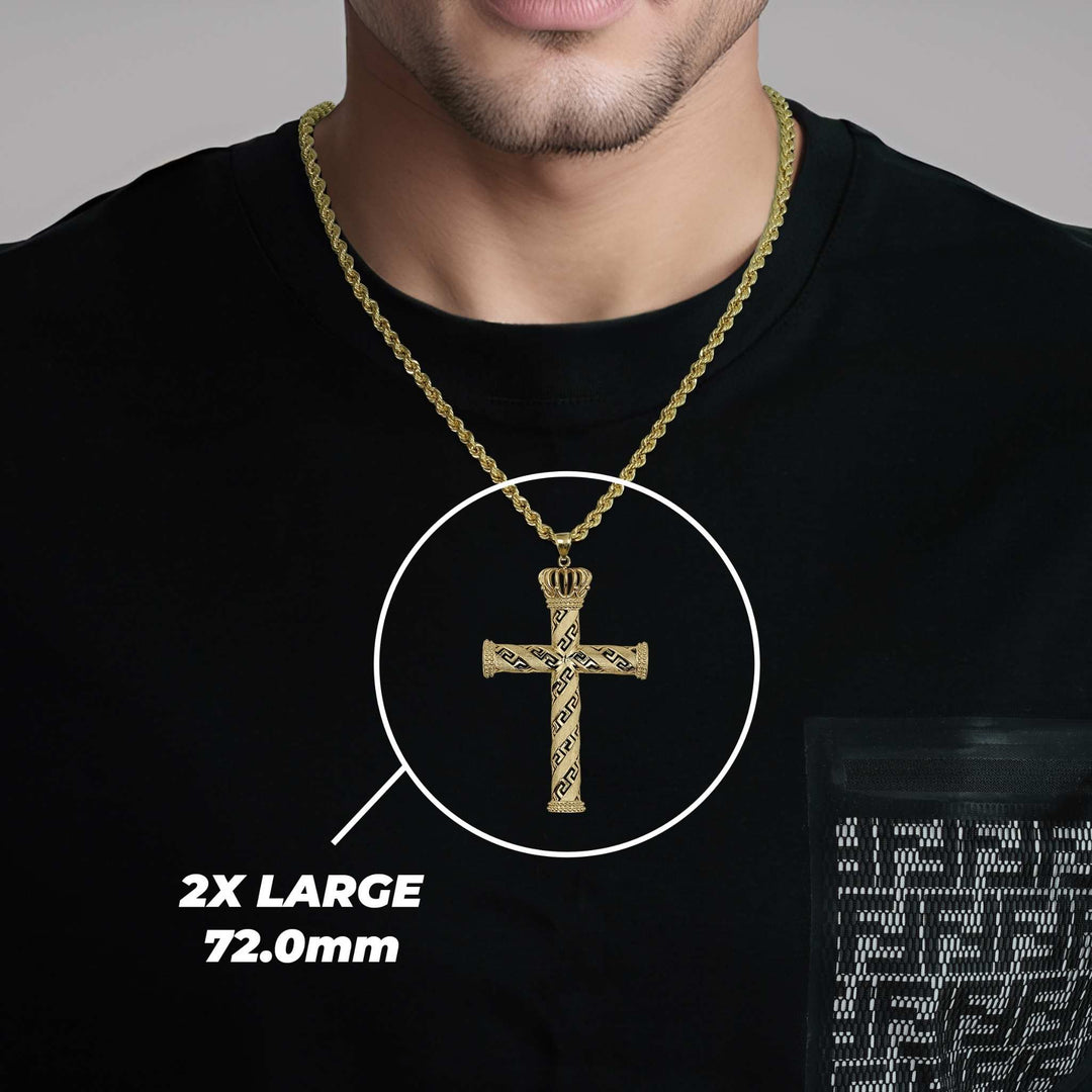 Man wearing a gold cross pendant necklace with text overlay reading 2X LARGE 72.0mm.