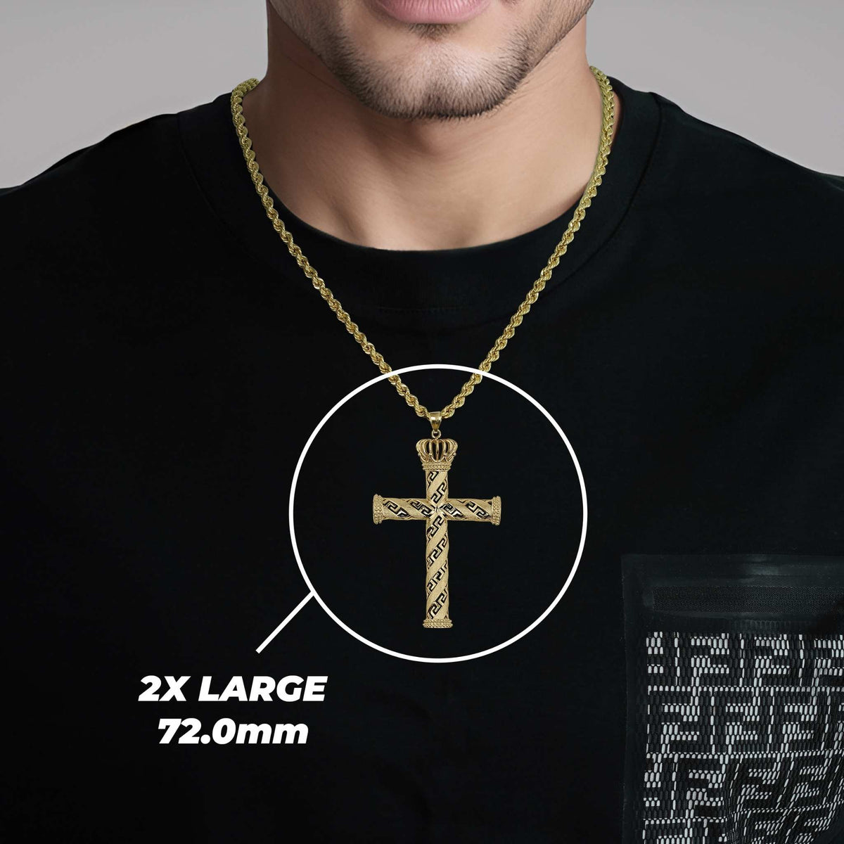 Man wearing a gold cross pendant necklace with text overlay reading 2X LARGE 72.0mm.