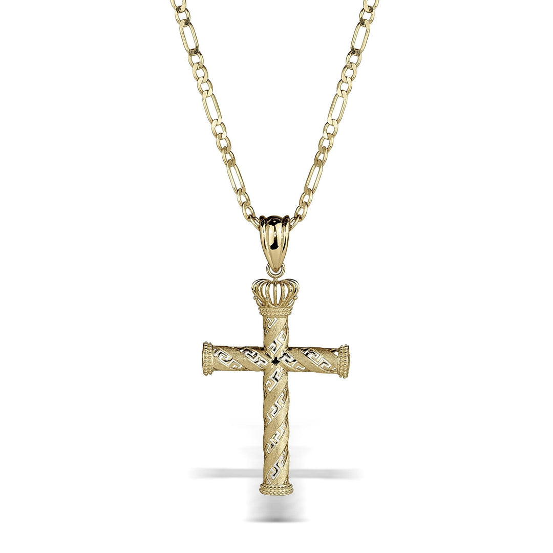 Gold cross pendant with crown detail suspended from a matching Figaro chain.