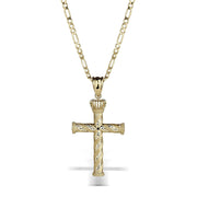 Gold cross pendant with crown detail suspended from a matching Figaro chain.