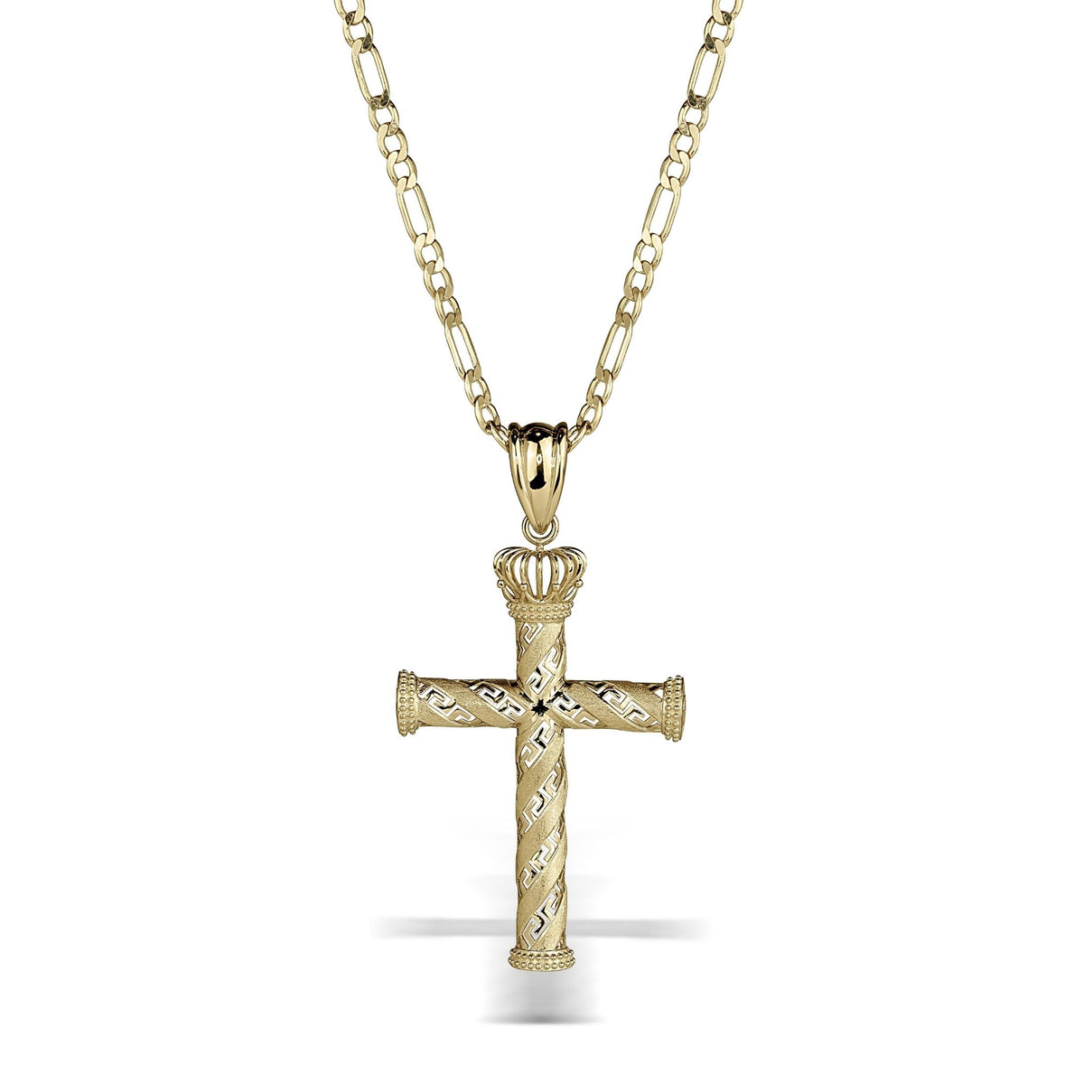 Gold cross pendant with crown detail suspended from a matching Figaro chain.