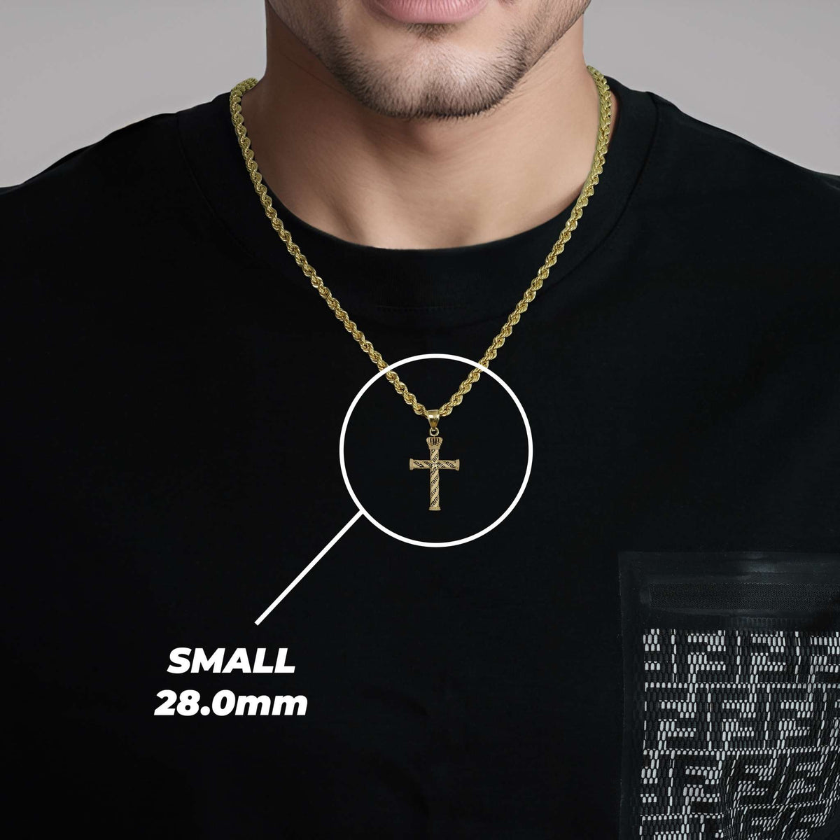 Man wearing a gold cross pendant necklace with text overlay reading SMALL 28.0mm.