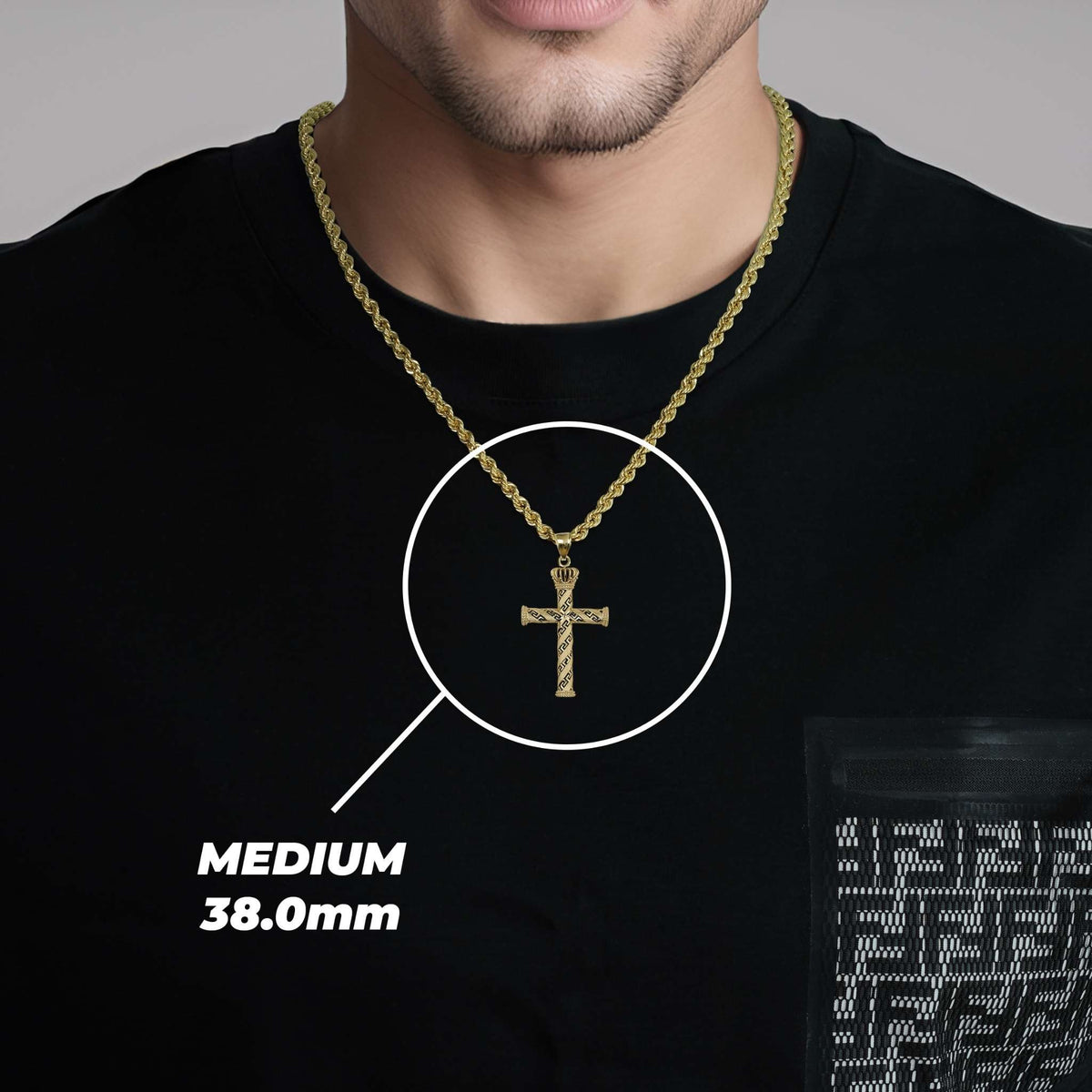 Man wearing a gold cross pendant necklace with text overlay reading MEDIUM 38.0mm.