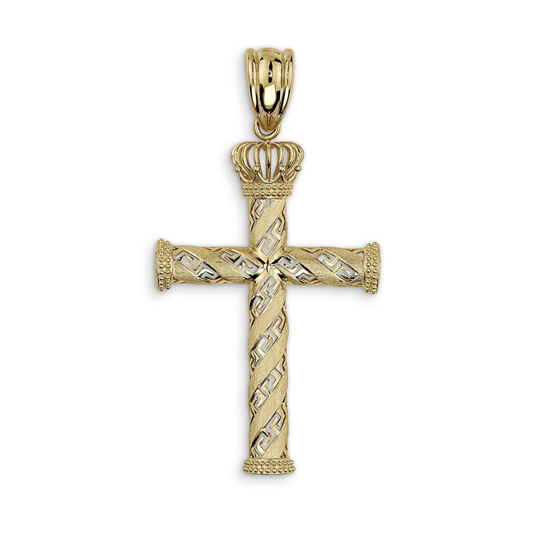 Close-up of a gold cross pendant showing the intricate Greek key engraving on the shaft and crossbar.