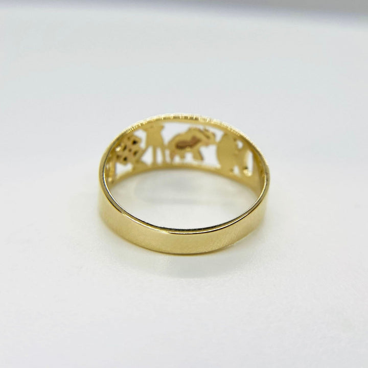 10k - 14k Gold ring with elephant ring features back view on a white background