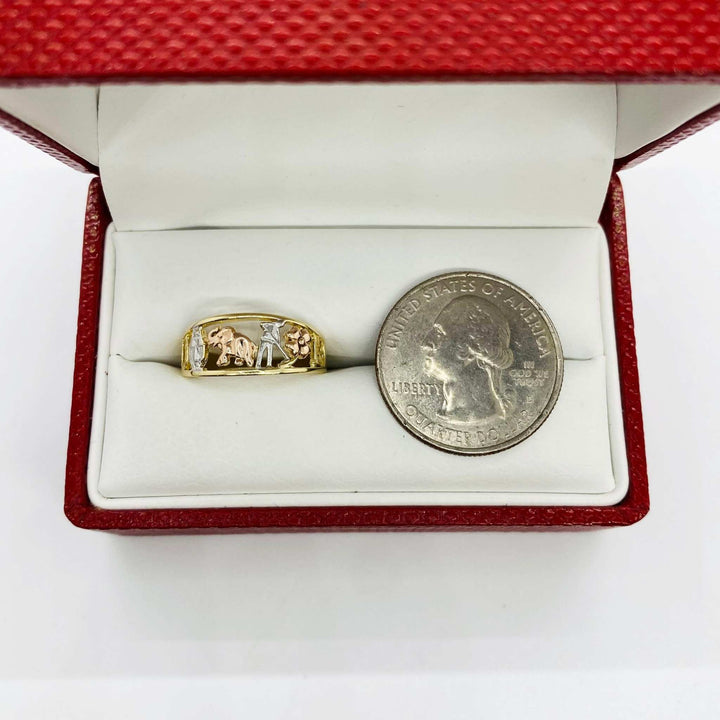 10k - 14k Gold ring with elephant ring features and a lucky tri color design in a red box next to a silver dollar coin.