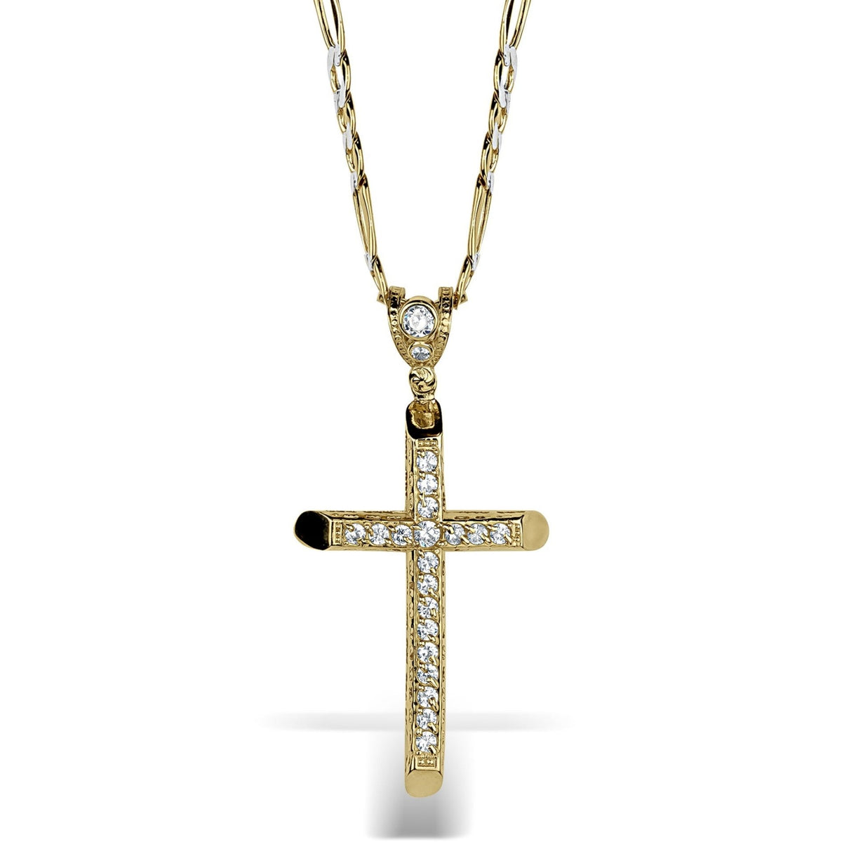 10k & 14k Gold Luxe Cross Pendant featuring sparkling cubic zirconia stones on a chain.