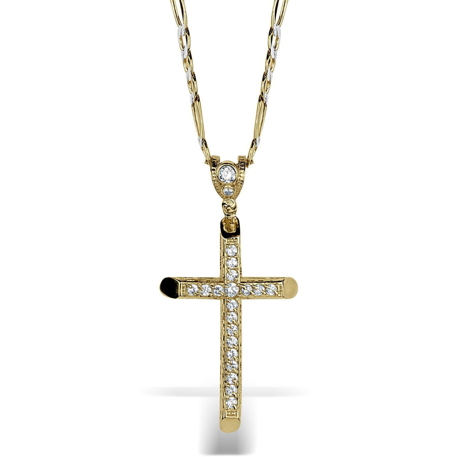 10k & 14k Gold Luxe Cross Pendant featuring sparkling cubic zirconia stones on a chain.