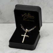 10k & 14k Gold Luxe Cross Pendant displayed inside an open black velvet jewelry box.