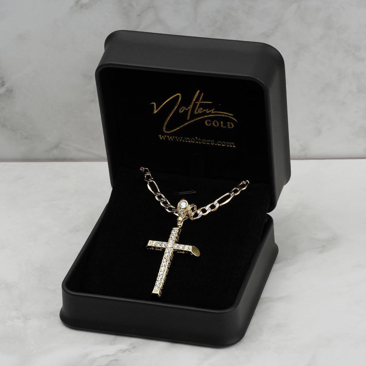 10k & 14k Gold Luxe Cross Pendant displayed inside an open black velvet jewelry box.