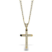 Front view of a gold CZ cross pendant necklace isolated on a white background.