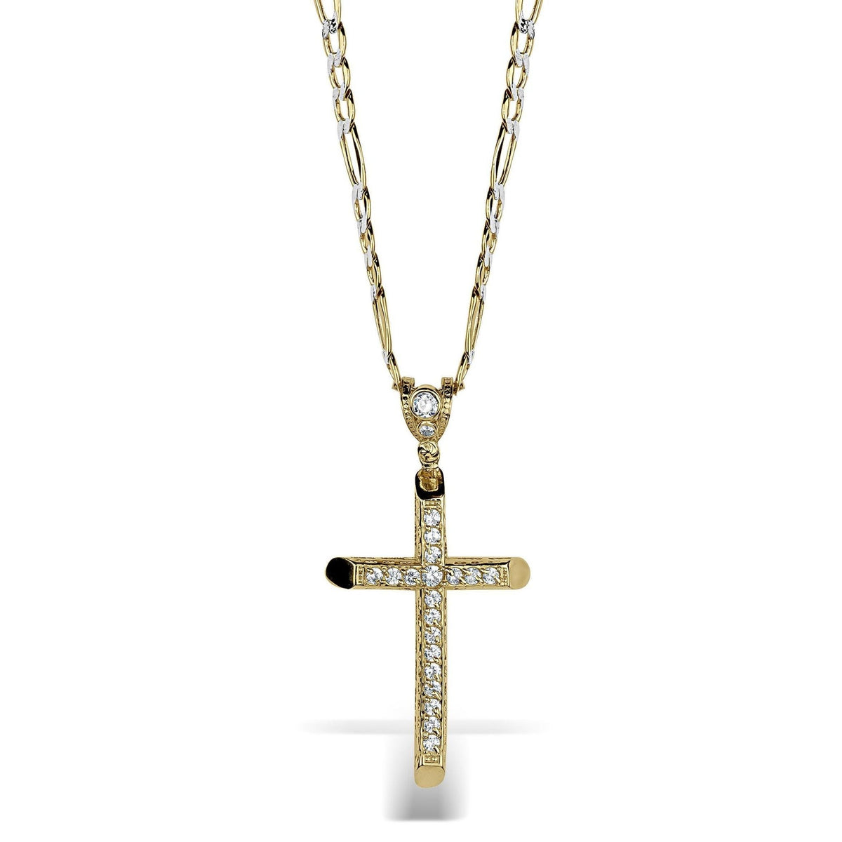 Front view of a gold CZ cross pendant necklace isolated on a white background.