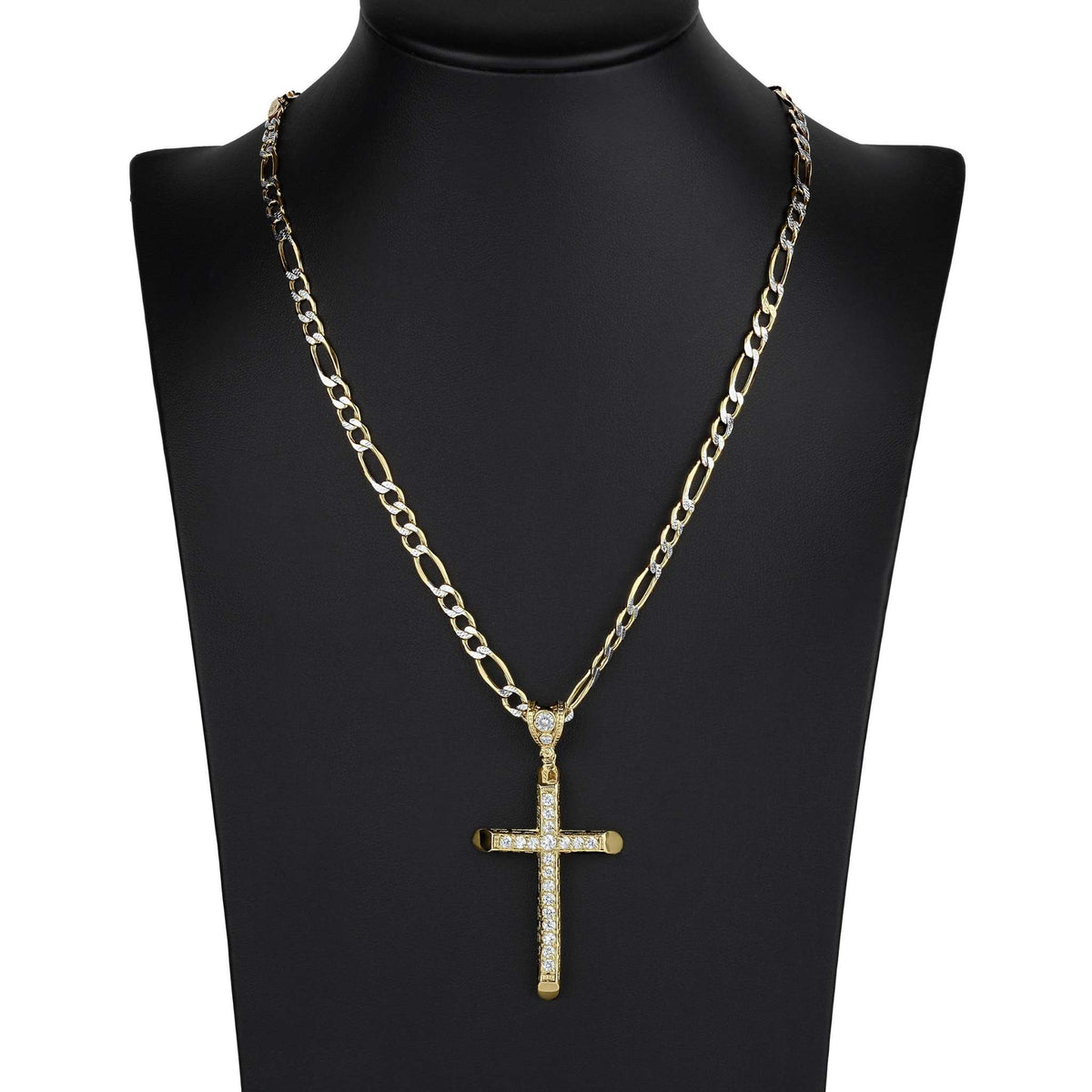 Gold CZ cross pendant on Figaro chain presented on a black mannequin bust.