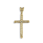 Rear view of a gold cross pendant charm showing textured back finish