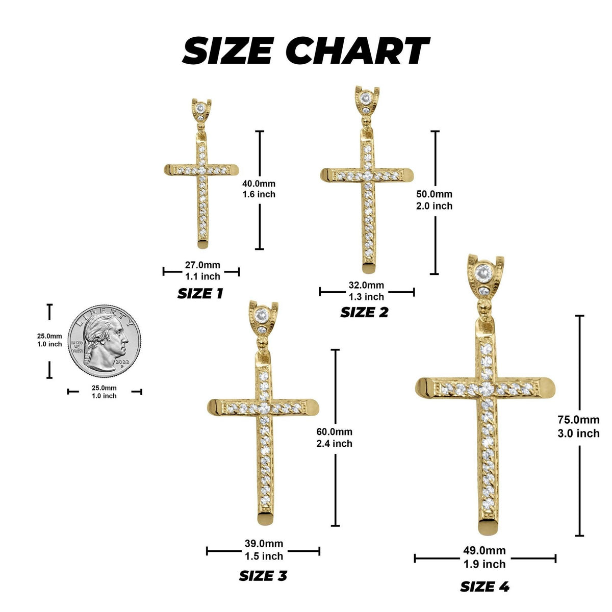 Size chart graphic showing gold luxe cross pendants from Size 1 to Size 4 with US quarter