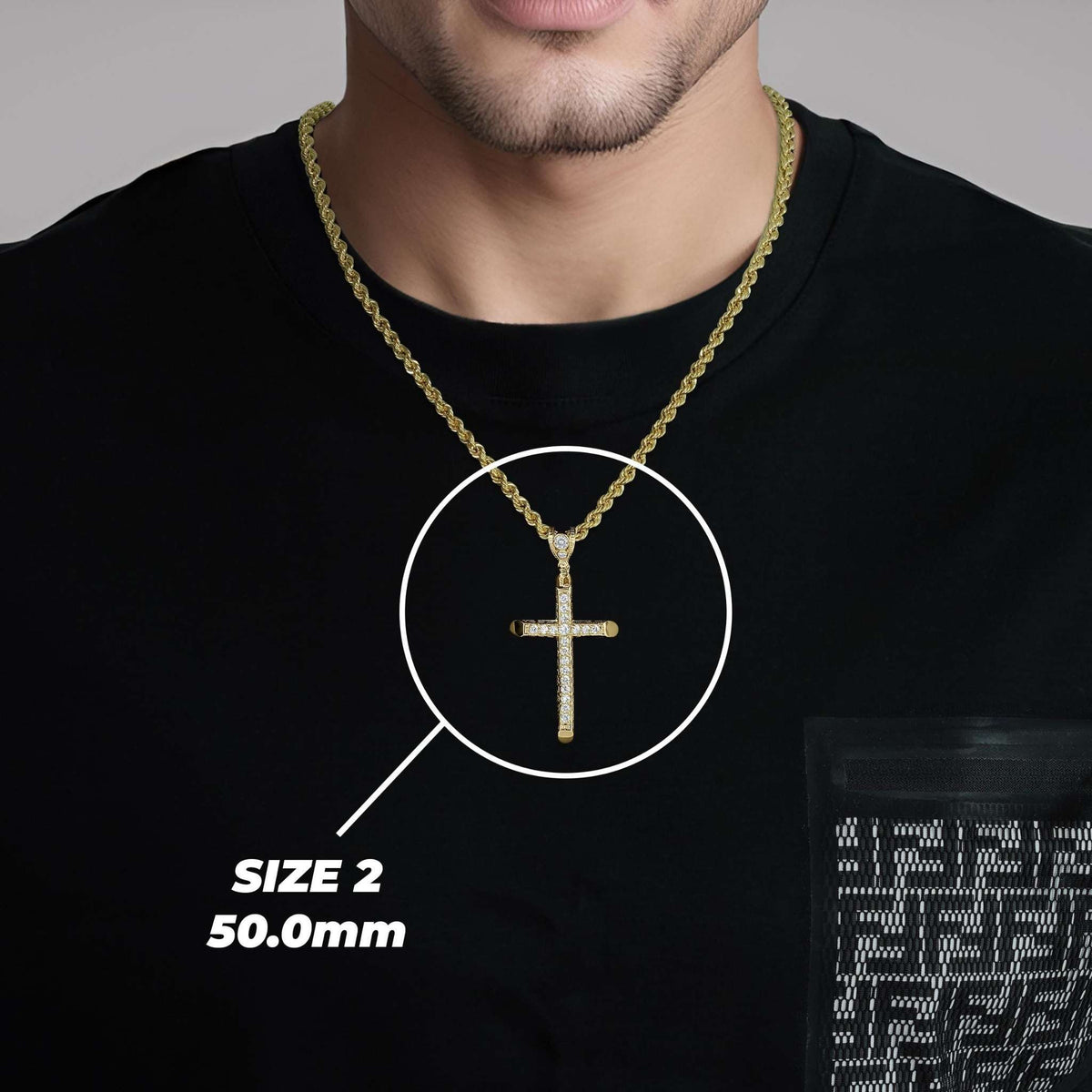 Model wearing Size 2 50.0mm gold CZ cross pendant necklace with highlighted inset detail