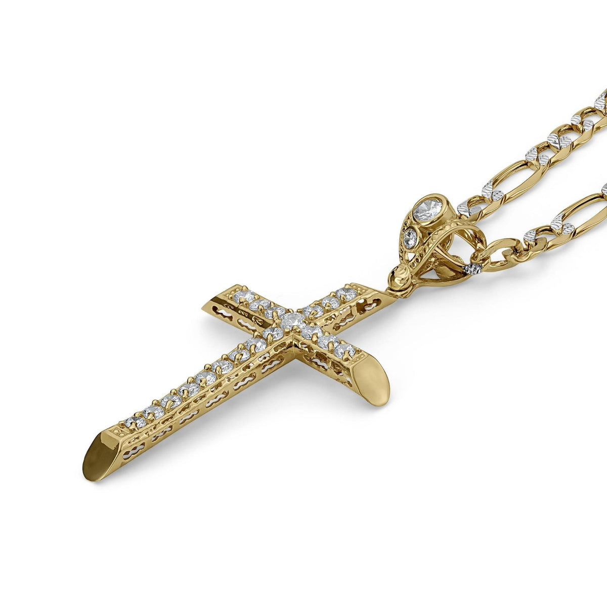 Angled close-up of a gold CZ cross pendant attached to a Figaro chain.