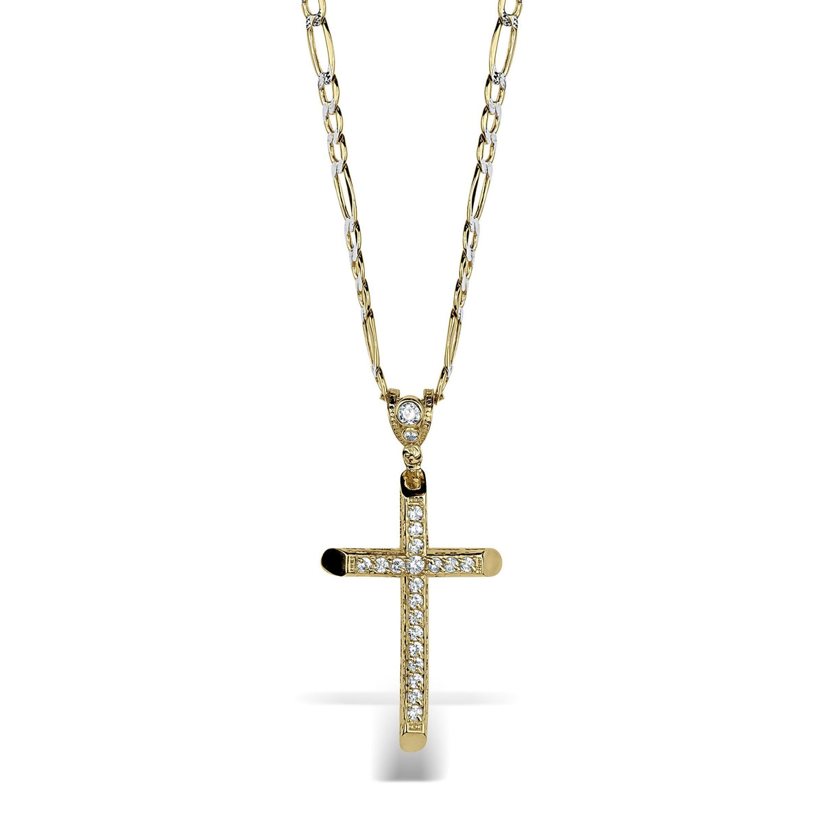 Sparkling cubic zirconia 10k & 14k Gold Luxe Cross Pendant on a gold chain.