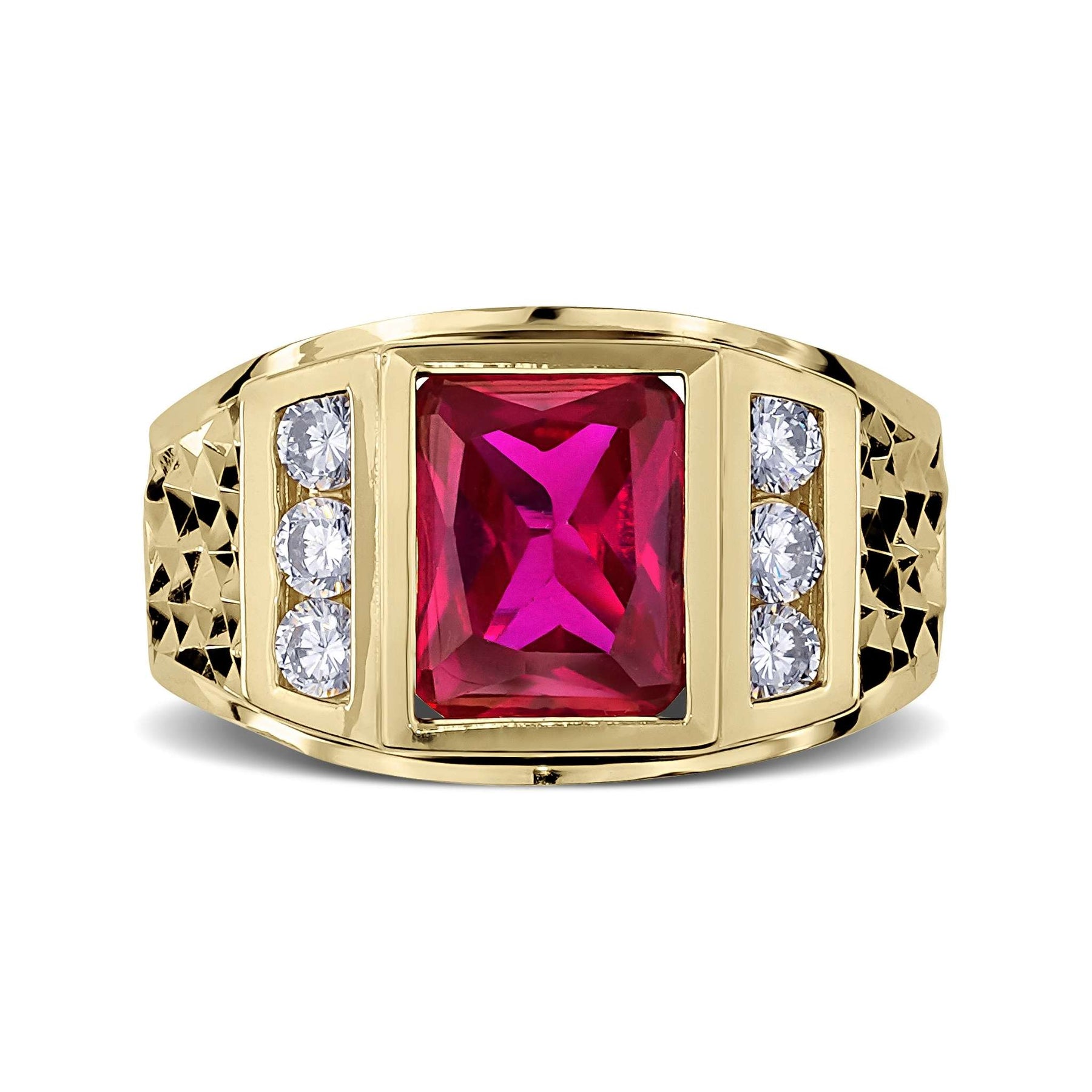 Yellow gold men's signet ring with a rectangular red gemstone and diamond-accented shoulders.