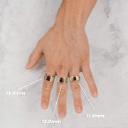 Hand wearing 11.0mm, 12.0mm, and 13.0mm sizes of 10k & 14k Gold Lxo Rectangle Signet Ring.