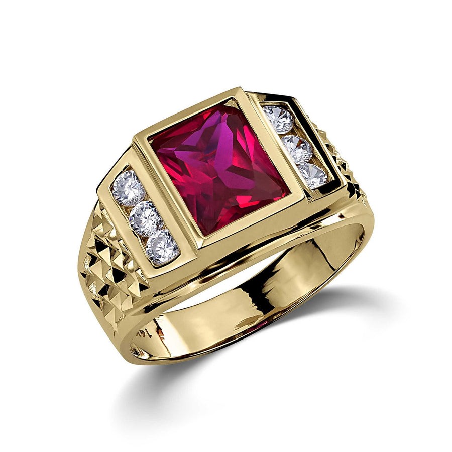 Luxury gold rectangle signet ring with a ruby-colored stone and textured pyramid band.
