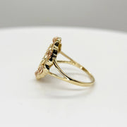 10k -14k gold Virgen de Guadalupe bloom rose ring close-up showing cubic zirconia detail.
