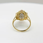 10k & 14k tri-color gold Virgin Mary ring side view showing rose and yellow gold tones