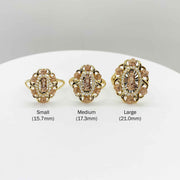 Three 10k - 14k Virgin Mary Guadalupe tri-color gold rings of different sizes.
