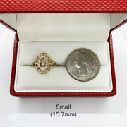 10k - 14k Gold Virgin Mary Guadalupe Bloom Rose ring in with a coin.