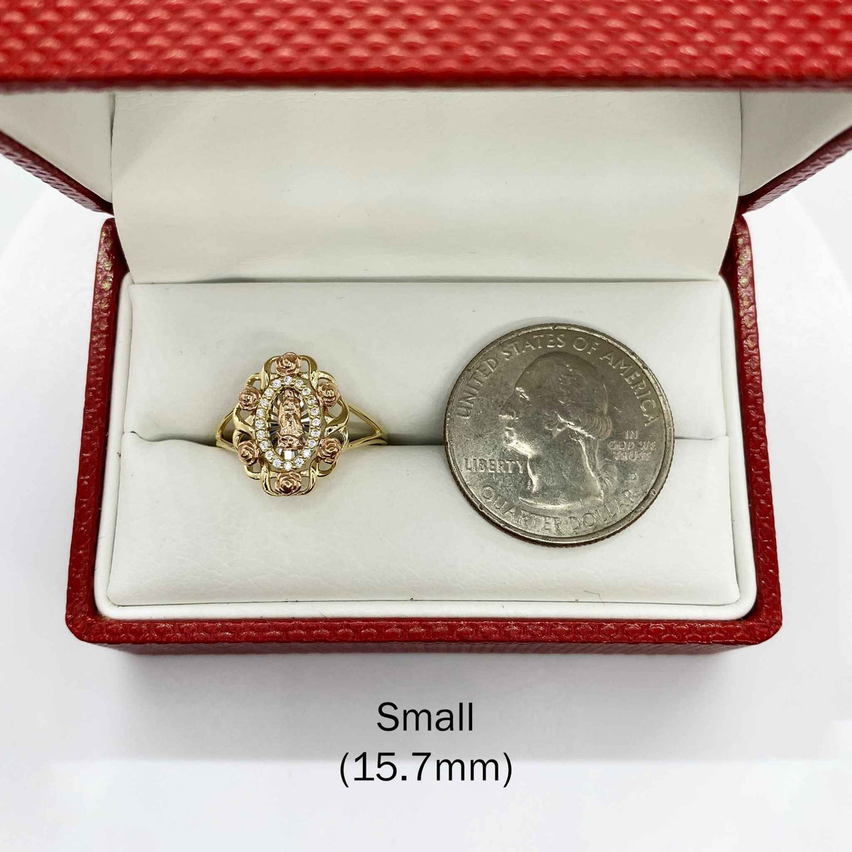 10k - 14k Gold Virgin Mary Guadalupe Bloom Rose ring in with a coin.
