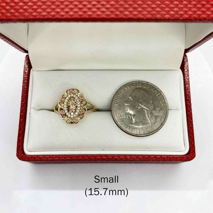 10k - 14k Gold Virgin Mary Guadalupe Bloom Rose ring in with a coin.