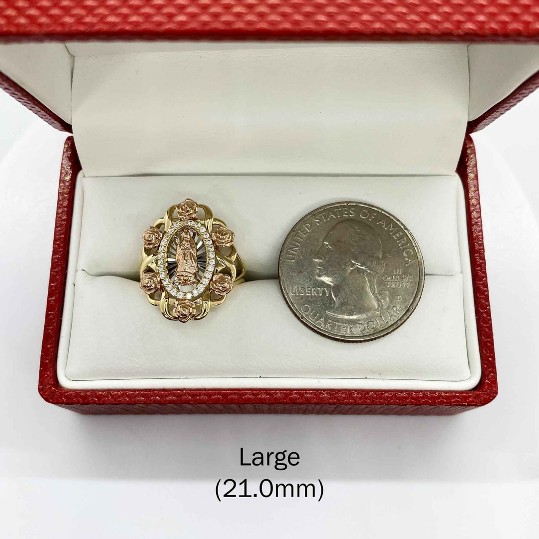 10k - 14k Gold Virgin Mary Guadalupe ring with a coin for comparison.