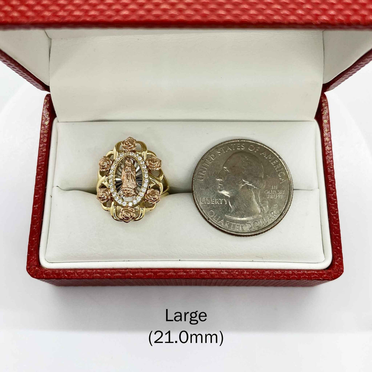 10k - 14k Gold Virgin Mary Guadalupe ring with a coin for comparison.