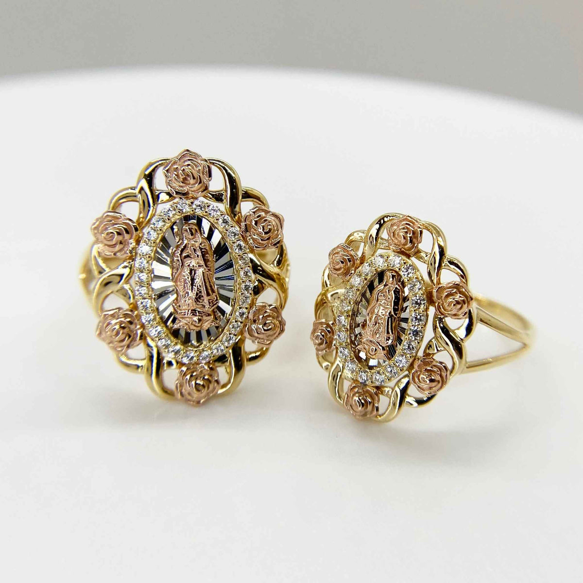 10k - 14k gold Virgin Mary Guadalupe tri-color round ring front view on white background