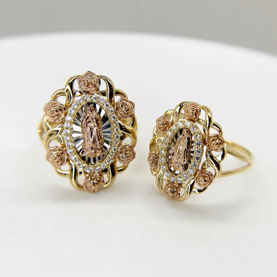 10k - 14k gold Virgin Mary Guadalupe tri-color round ring front view on white background