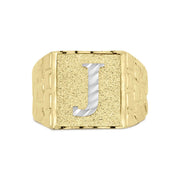 Front view of gold square nugget ring with diamond-cut white gold letter J initial.
