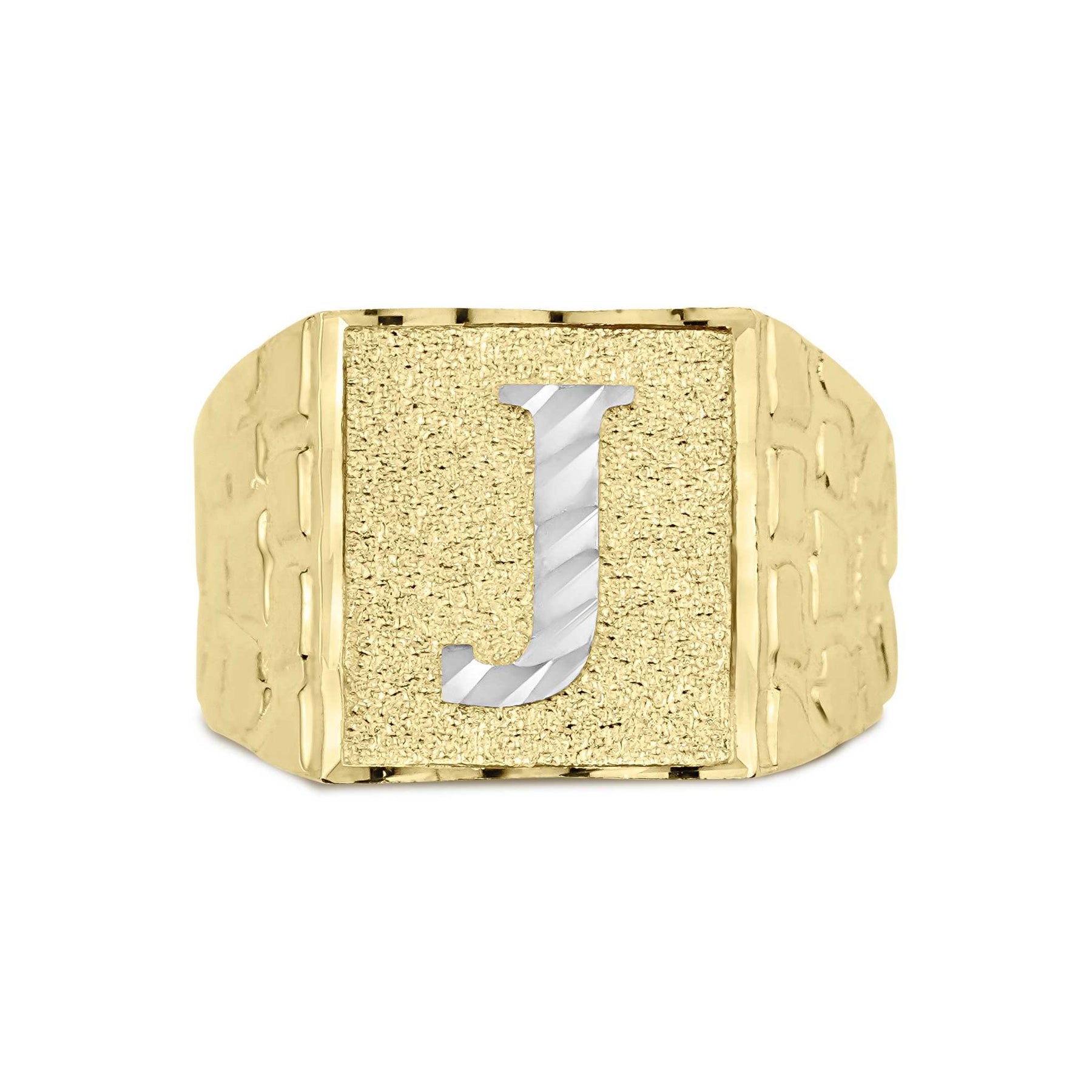 Front view of gold square nugget ring with diamond-cut white gold letter J initial.