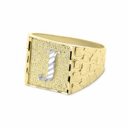 Side angle of men's gold square nugget ring with white gold initial J emblem.